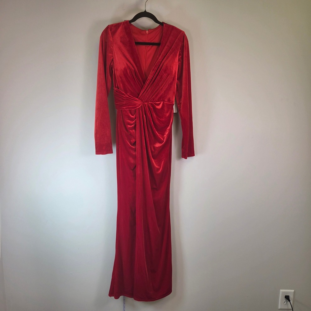Wear Your Love Red Velvet V-Neck Twist Front Long Sleeve Maxi Dress Gown
